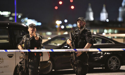 Armed Police officers stand guard on London Bridge in central London, Saturday, June 3, 2017. A series of attacks on London Bridge and nearby Borough Market in the heart of the British capital Saturday, as witnesses reported a vehicle veering off the road and hitting several pedestrians. (Dominic Lipinski/PA via AP)