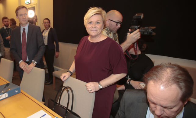 Oslo 20180110.
Finansminister Siv Jensen under de åpne høringene i Kontroll- og konstitusjonskomiteen på Stortinget om håndteringen av omorganiseringen i SSB.
Foto: Lise Åserud / NTB scanpix